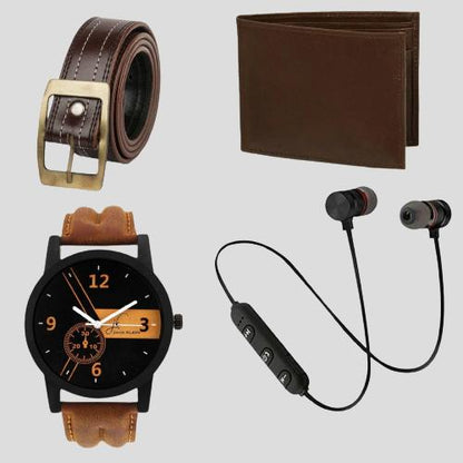 Combo Of Men's Watch , Wallet, Belt And Wireless Bluetooth Earphone with Mic